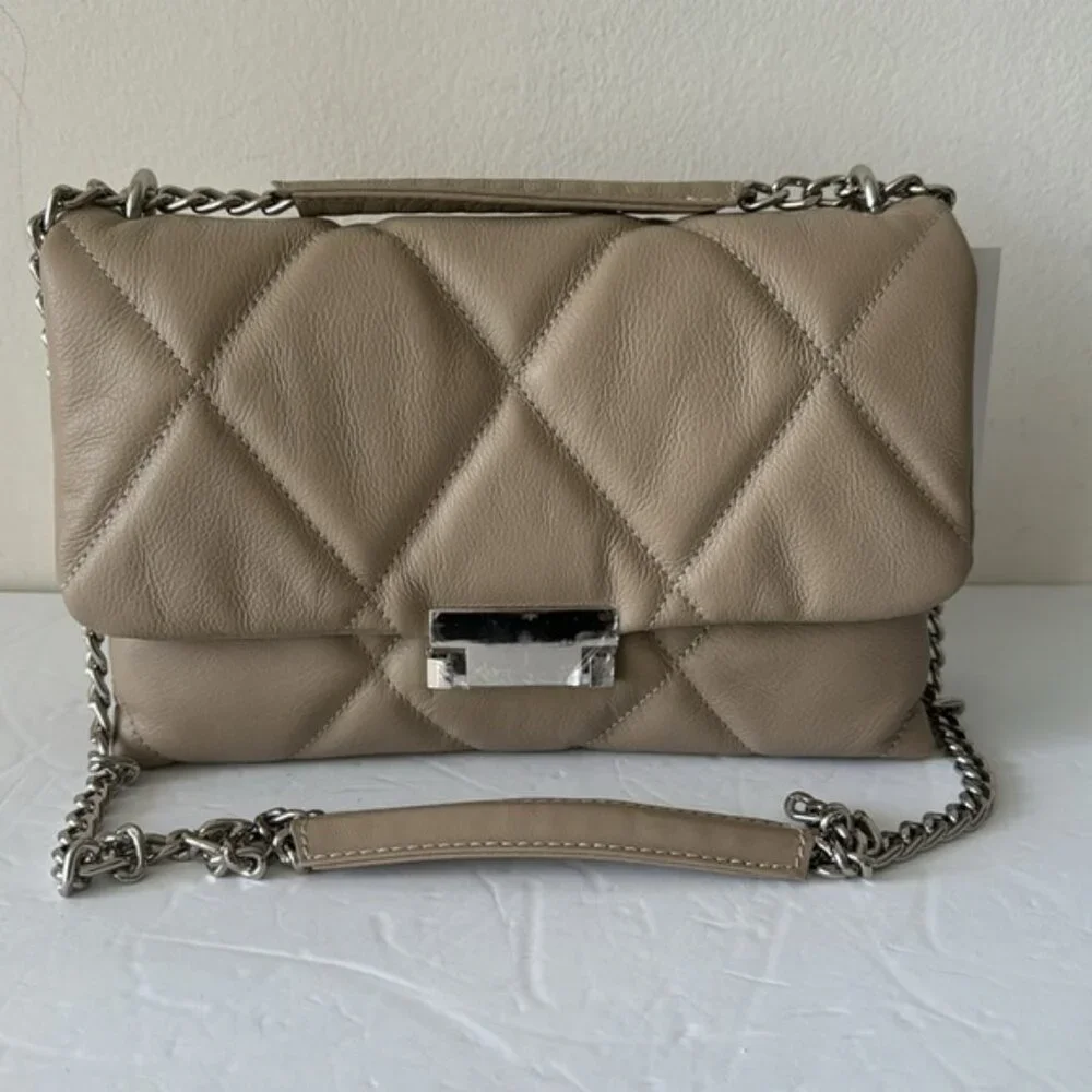 Il Duca Itlay Genuine Leather Quilted Convert Flap Handbag Taupe